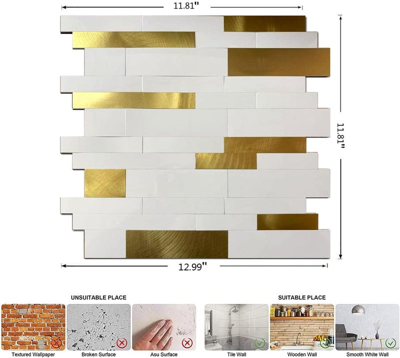 weimeisc 10-Sheet Peel and Stick Backsplash Tile, PVC Mixed Metal Stick on Backsplash Tiles for Kitchen (White +Frosted Golden) - Image 2